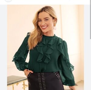 Ruffled Mock-Neck Blouse in Deep Green